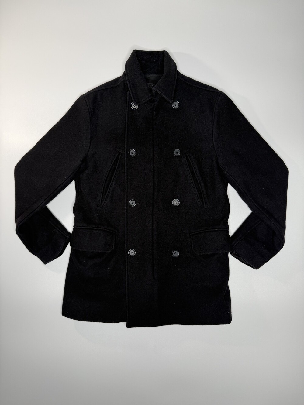 Express Design Studio Virgin Wool Blend Peacoat Mens Medium Black Double Breast